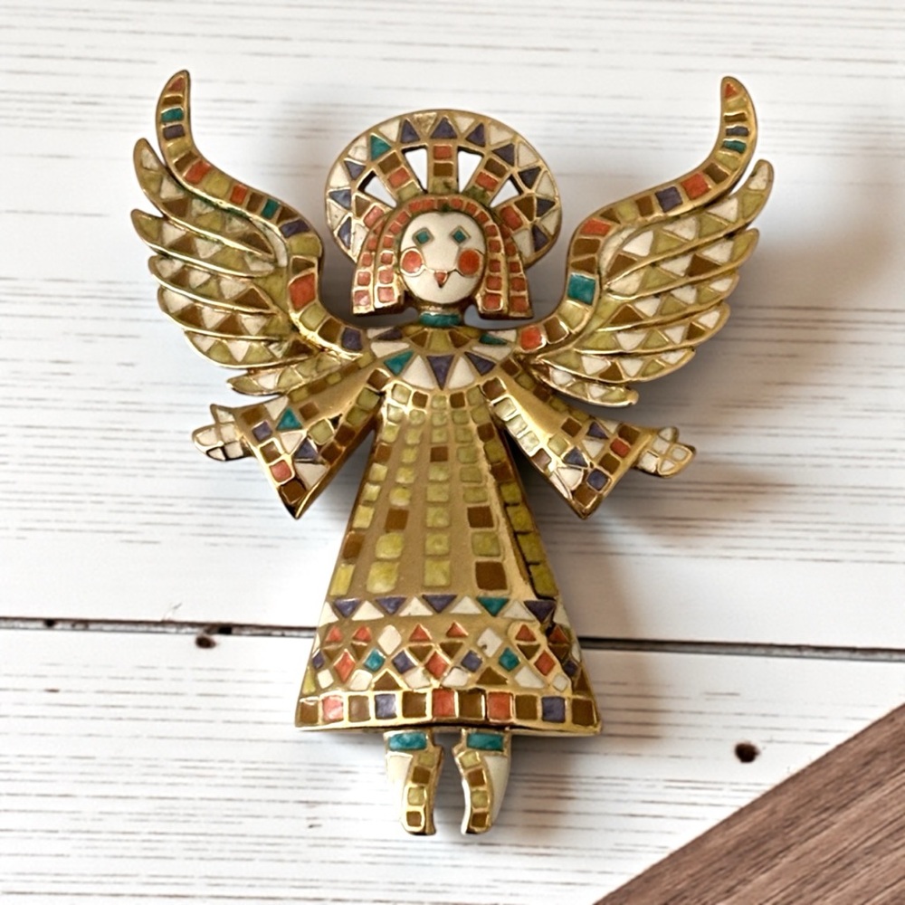 Vintage Bob Mackie Signed Guardian Angel Multi Color Mosaic Enamel Gold Tone Pin